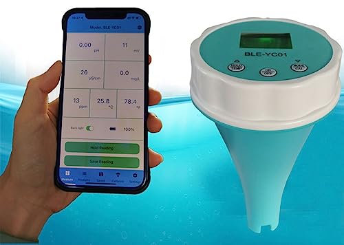 Probador de calidad del agua de la piscina Monitor de piscina Bluetooth Cloro de temperatura digital, termómetro de piscina 6 en 1, temperatura PH CL EC TDS ORP for piscina, acuario, laboratorio