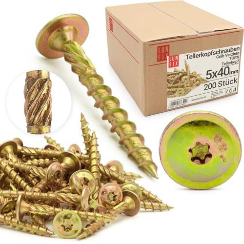 Lun Fix Lot de 200 vis à tête plate 5 x 40 mm | TX25 | Tête disque/nervures de fraisage | Jaune galvanisé | Vis Torx | Vis à bois | Vis à tête plate pour bois | Vis de construction