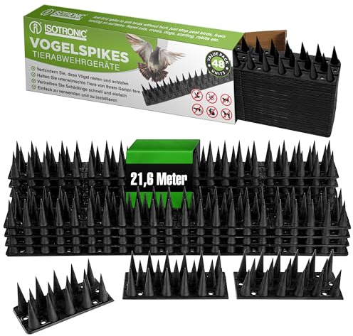 ISOTRONIC Vogelabwehr Spikes – Taubenschreck zur Abwehr von Vögeln, Tauben, Katzen & Mardern – Taubenabwehr für Zaun, Fensterbank, Dach, Baum & Garten (21,6 m | 48 Teile | Schwarz)