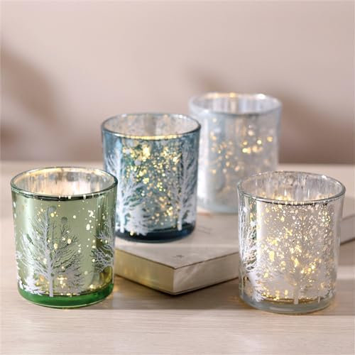 Hiseng Set di 4 Portacandele in Vetro Votive, Portalumini Albero di Natale Porta Tealight Vetro Moderno Candeliere Decorazioni da Tavolo per Matrimonio, Festival, Festa di Natale (4 Colori)