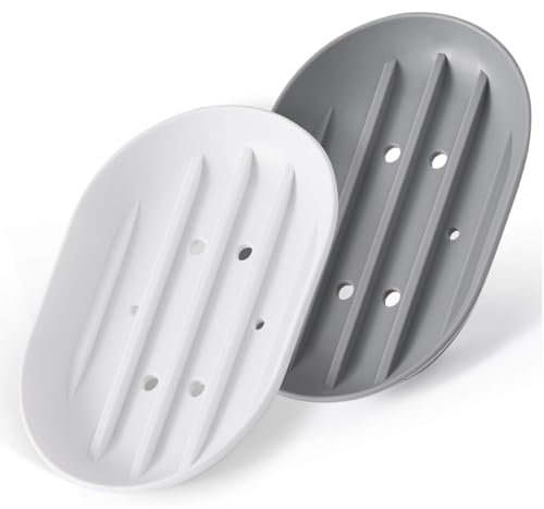 JTKREW 2 Pezzi Portasapone in Silicone,Portasapone Antiscivolo Facile da Pulire per Doccia, Porta Saponette con Portasapone Drenante, Ripiano, Cucina, Bagno e Viaggi (Grigio e Bianco)