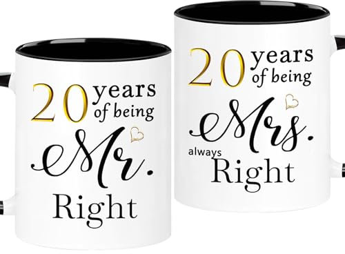 WOSIWULA Juego de 2 tazas de café de aniversario de 20 años, 20 años de ser Mr Right/Mrs Always Right, decoraciones de 20 aniversario de boda, regalos para parejas, padres, abuelos, 11 onzas