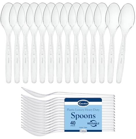 Premium Clear Hard Plastic Cutlery Set - Eco-Friendly, Reusable - Choose Your 40 Pack: Forks, Spoons, Knives, Small Dessert Spoons or Assorted Pack - Perfect for Parties, Events (Spoons) (PLL)