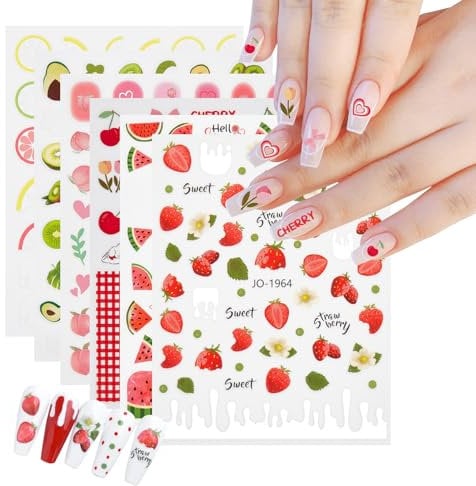 NICENEEDED Fruit Nails Stickers, Summer Nails Art Decals, 3D Self-Adhesive Nail Sticker Design Colorful Strawberry Lemon Watermelon Cherry Acrylic Nails Stickers for Women Girls Manicure Charms