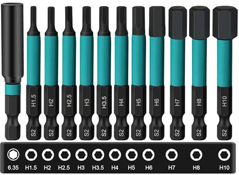 K Kwokker 11-Piece Impact Driver Bit Set Impact Hex Bit Set 60mm Long, H1.5-H10 Metric Hex Screwdriver Driver Bits,1/4 Shank S2 Steel Short Extension Bar with Storage Box