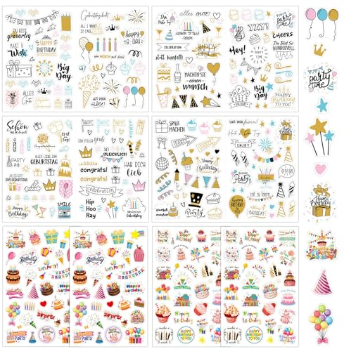 8 Blätter Sticker Geburtstag, (330+ Motive) Aufkleber Geburtstag, Sticker Gästebuch Geburtstag Erwachsene, Geburtstagssticker zum Gästebuch Geburtstag, Geburtstagskarten, Alben