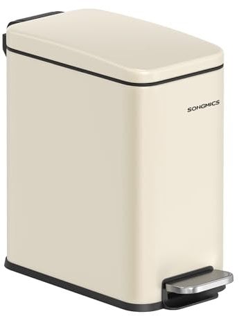 SONGMICS Bathroom Bin, 1.3 Gallon (5 L) Small Bin with Lid, Pedal Toilet Bin, Slim for Small Spaces, Steel, Soft Close, Summer Sand LTB560A01