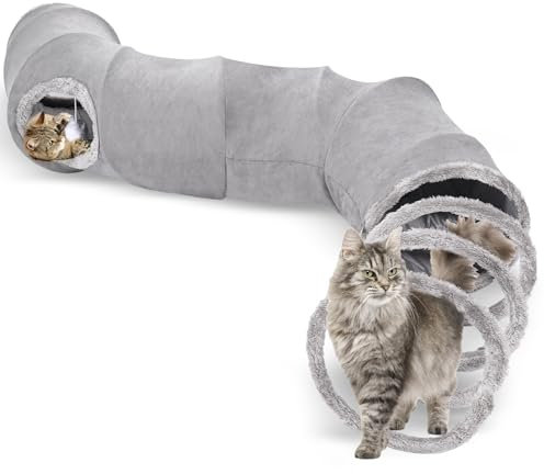 Tailtastic Katzentunnel für Indoor-Katzen, 150 x 25 cm, faltbar, großer Katzentunnel, Spiral-Katzentunnel, Schlauch mit Spielball und zwei Verstecklöchern, Grau