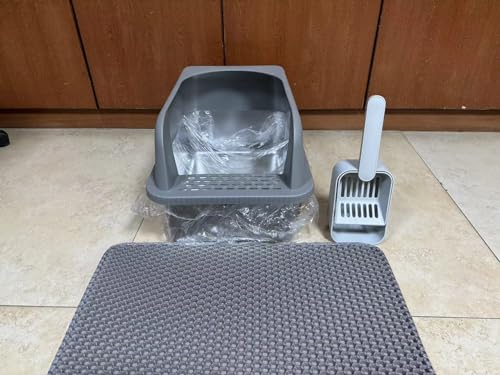 Bac à litière en Acier Inoxydable Facile à Nettoyer, bac à litière en métal antiadhésif, bac à litière pour Chats,empêche Les fuites d'urine, Pelle et Tapis à litière Inclus,Gris foncé, XL