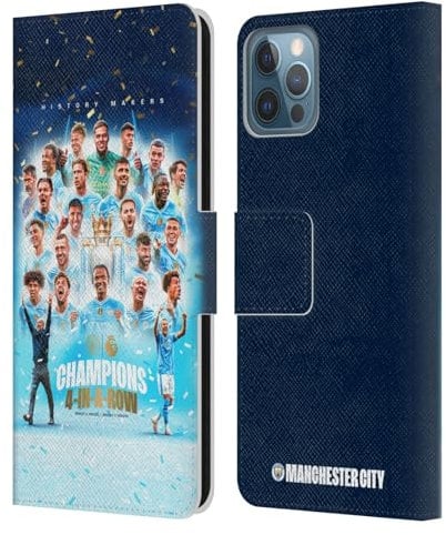 Head Case Designs Officially Licensed Manchester City Man City FC Team Poster 2024 Premier League Champions Leather Book Wallet Case Cover Compatible With Apple iPhone 12 / iPhone 12 Pro