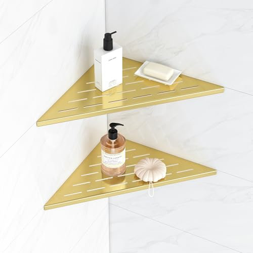 Qeke Dusche Eckablage ohne Bohren, 304 Edelstahl Duschregal, Einbau Duschablage an Wand, 2 Stück Badablage, Golden Gebürstet, 30,5 cm