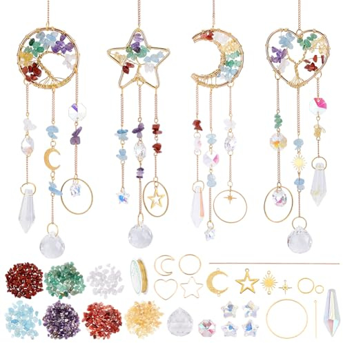 ORIGACH 4 Set Sonnenfänger Kristall Bastelset, 7 Chakra Baum des Lebens DIY Sonnenfänger Fenster Deko, Kristall Sonnenfänger Windspiel Hanging Ornament für Zuhause Büro Garten Outdoor