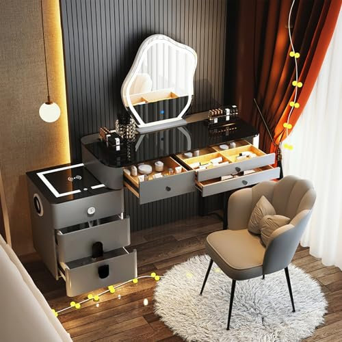 MYDD8 Kabelloses Aufladen Und Bluetooth-Audio Schminktische, Schminktisch Mit Schubladen,Einstellbarer Led-Beleuchtung, Moderner Stil Großer Schminktisch Holz