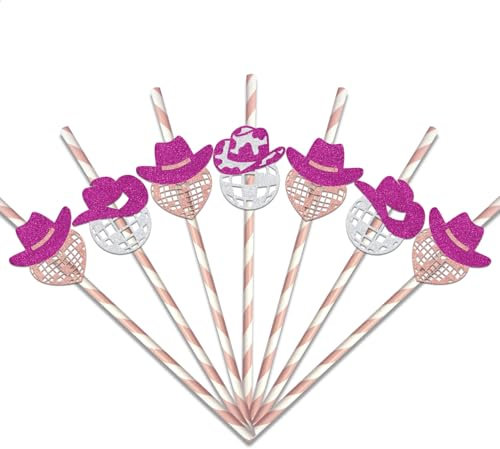 24Pcs Disco Theme Paper Straws, Cowgirls Straws, Disco Birthday Party Decoration, Western Cowgirls Birthday Party Decoration, Bachelorette Party Decor, 70s Disco Party Supplies Silver Rose Red Glitter