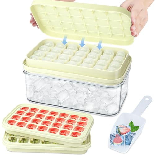 Bac a Glacons avec Couvercle, Lot de 2 Bac a Glacon en Silicone Empilable, Moule à Glaçons de 56 Grilles- Sans BPA, Bac à Glaçons en Carrés Faciles à Retirer, Adapté au Cocktails, Café (Blanc Crème)