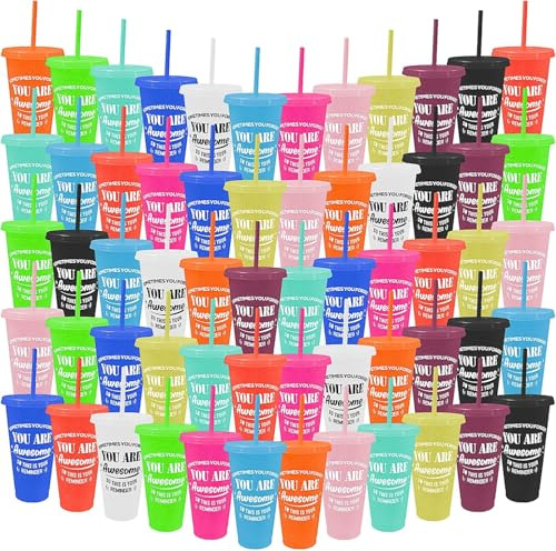 MSYU 60 Pack Thank You Gifts You are Awesome Coffee Mug 24 oz Plastic Tumblers with Lids and Straw Inspirational Reusable Appreciation Gift for Coworker Teacher Colleague Employee