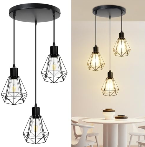HiBay Hängelampe Esstisch E27 Pendelleuchte Vintage Küchenlampe Hängend 3 Flammig Esszimmerlampe Schwarz Hängeleuchte für Flur Wohnzimmer Schlafzimmer Max. 60W Ohne Leuchtmittel