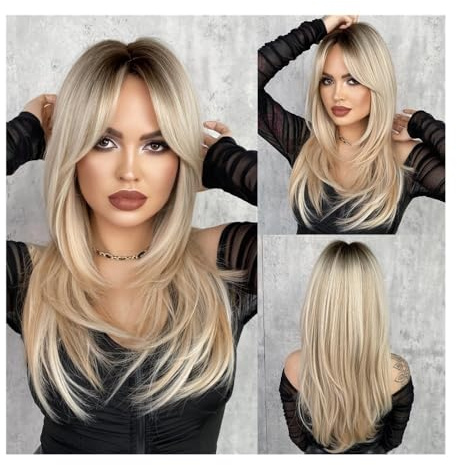 Perücken Blonde lange glatte hitzebeständige Perücke mit Pony for Tagespartys for Damen, synthetisches gestuftes Haar für Damen