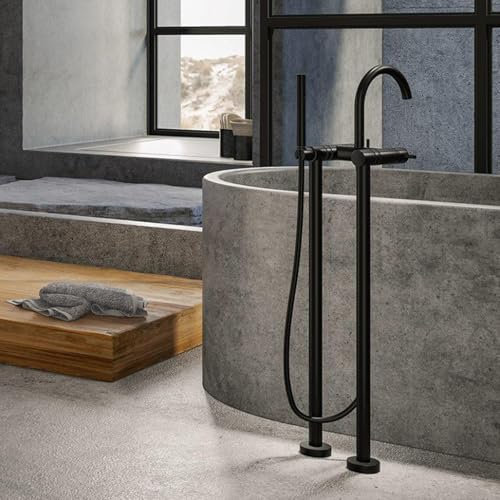 Robinet de Baignoire Au Sol avec Douchette Pivotant à 360° de Col de Cygne Mitigeur Baignoire Ilot Sur Pied Double Poignée,noir