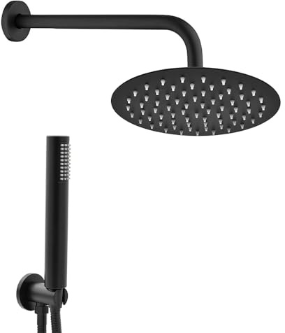 Kit doccia moderno nero opaco con soffione 30 cm, braccio 35 cm, doccino con flessibile e supporto in Acciaio inox e ABS