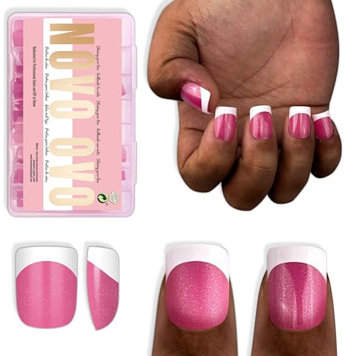 NOVO OVO Extra Short White French Tip Nail Tips, XS XXS Square Round ROSE PINK, for Wide & Short Nail Beds, Thick Full Cover Press on for Women Men, Soft Gel Acrylic Extension kit, 16 Sizes x 224pcs