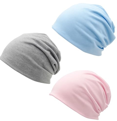 AevYxq Beanie Damen Und Herren, Beanie Mütze, 3er Pack Leichte Strickmützen, Chemo Kopfbedeckung Damen, Dünne Mütze Für Yoga, Laufen Und Alltag, Grau, Rosa, Blau