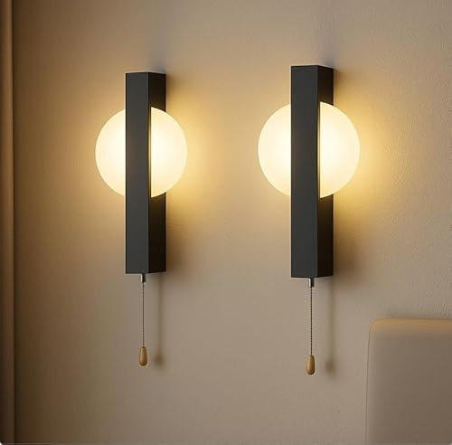 ZMH 2ER Wandleuchte LED Wandlampe Mit Zugschalter Modern Design Flurlempe | Wandlampe mit Schalter Schwarz 3000K Warmweiß Rund Wandbeleuchtung für Wohnzimmer Schlafzimmer Flur Bett Hotel