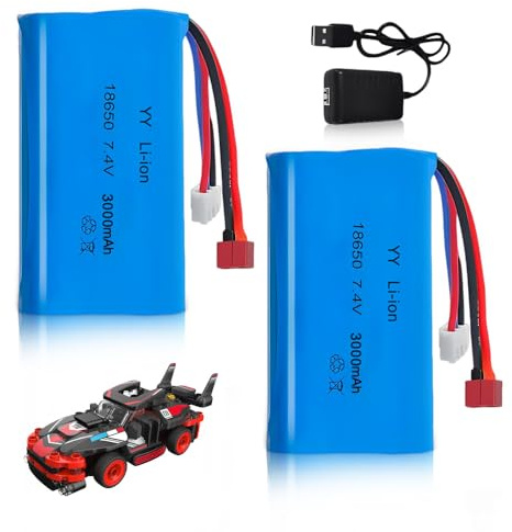 WDKXCN Batterie Lipo 2s, Lot de 2 3000mah Batterie 7.4v Rechargeable avec Deans T Et Xh-3P Plug, Batterie Drone avec Chargeur Lipo pour Voiture Télécommandée Tout-Terrain, Robots Et Cascadeurs