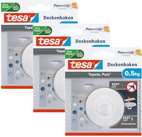 tesa Deckenhaken Tapeten und Putz - Selbstklebender Haken - Ideal Zur Befestigung Von Deko-Objekten - Spurlos Ablösbar, Weiß (Auf empfindlichen Oberflächen, 3x 0,5kg)