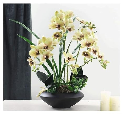 Fiori Artificiali di Phalaenopsis in Vaso Nero - Piante di Orchidee finte realistiche in Vaso per centrotavola, Decorazioni per Interni, casa e Ufficio (Giallo)