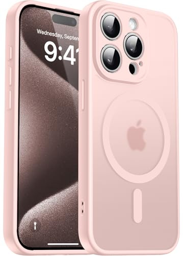 Natiiozie Magnetisch Hülle für iPhone 15 Pro Max Kompatibel mit MagSafe, Kameraschutz FallSchutz Handyhülle, Stoßfest Kratzfest Schutzhülle Transluzente Matt Rückseite 6.7 Zoll Case Rosa