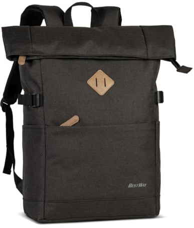 BestWay Rolltop Rucksack „Campus Style“ Unisex mit 15,6 Zoll Laptopfach & 19L Volumen –50x26x16 cm, 580g leicht, gepolsterte Schultergurte – ideal für Schule, Uni, Büro & Freizeit (schwarz)