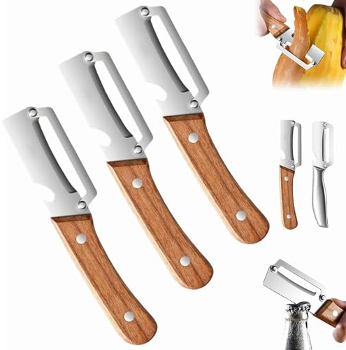 3 Pcs Éplucheur Légumes Multifonction – 2 en 1,Économe avec Lame Inox Ultra-Tranchante et Manche Bois Ergonomique,Épluche Légumes Idéal pour Pommes de Terre,Carottes et Fruits