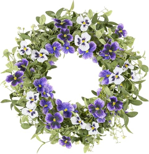 Aetherize Spring Summer Wreaths for Front Door, 18 Inch Artificial Floral Wreath with Purple Pansy Flowers Green Eucalyptus Leaves for Farmhouse Wall Window Home Decor