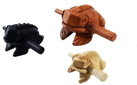 Guiros Percussion Instruments Holzfrosch, 3-teiliges Set, 10,2 cm, 7,6 cm, 7,6 cm, 7,9 cm, Musikinstrument (Braun/Schwarz/Naturfarbe) (Luftpolsterfolie)
