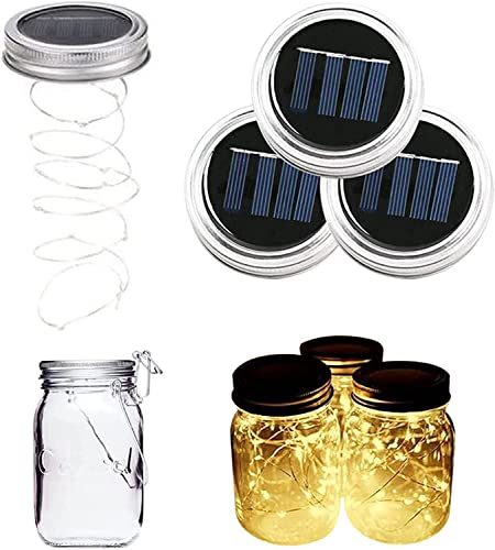 ALED LIGHT Lot de 3 Mason Jar Couvercle Guirlande Lumineuse Solaire Étanche 2m 20 LEDs Lampe d’Ambiance Décoration pour DIY Bocal LED, Bouteille, Maison, Noël, Mariage, Fête