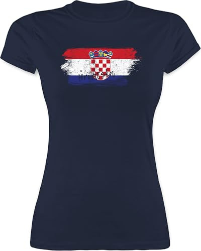 Shirt Damen - Fußball EM WM - Kroatien Vintage - M - Navy Blau - wm+Kroatien+Trikot fußballtrikot länder Croatia Funshirts für Frauen wm-Shirts Country Croatian Shirts fußballtrikots