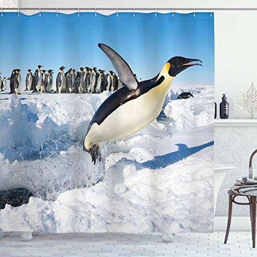 ABAKUHAUS Pinguin Duschvorhang, Detaillierte Arctic Foto, Stoffliches Gewebe Badezimmerdekorationsset mit Haken, 175 x 200 cm, Blau Hellgrau