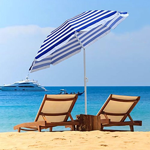 Greenbay 1.6M Blue-White Stripes Beach Parasol Garden Patio Camping Sun Shade UV Protection Umbrella with Tilt Mechanism