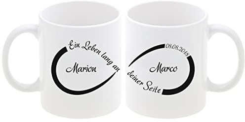 Tassen Set – Unendlichkeit mit Personalisierung und schwarzem Aufdruck: personalisierte Becher mit Namen und Datum bedruckt – Kaffeebecher für Paare zum Hochzeitstag l Jahrestag