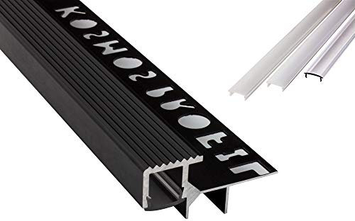 T-40 LED Alu Fliesenprofil Treppenprofil Stufen 12mm schwarz + Abdeckung Abschlussleiste Fliesen für LED-Streifen-Strip 2m klar