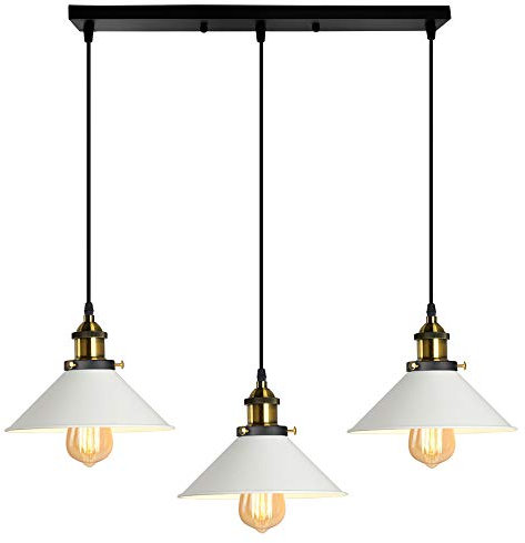 iDEGU 3 Lampes Suspension Luminaire Industrielle Lustre Plafonniers Design Edison Métal Lustre Suspension avec Support en Barre, Ø 220mm, Blanc