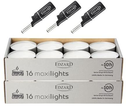 EDZARD 32 Maxi-Teelichter (Ø 58 mm), Aluminiumhülle, mit 3 Feuerzeugen | 10 Stunden Brenndauer, weiß, ohne Duft, Teelichtkerzen, Nightlights, für Teelichtglas, Laterne, Windlicht, Tischdeko