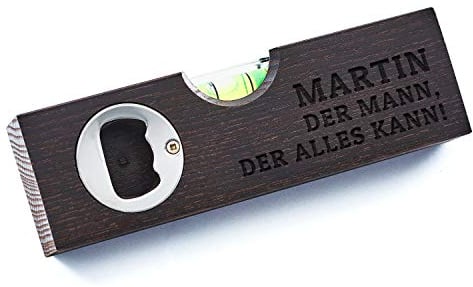 Diamandi | Wasserwaage mit Gravur | inkl. Flaschen-Öffner | persönlicher Text auf Vorderseite | Holz 15x4x2 cm