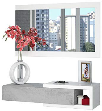 Dmora - Mobile da ingresso Mcallen, Entratina reversibile con specchio, Mobile per atrio con cassetto, Svuotatasche per appartamenti, 95x26h69 cm, Bianco e Cemento