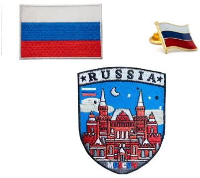 A-ONE 3 Stück Set– Moscow Russland Bestickter Aufnäher + Russland Länderflagge + Russische Flagge Metall Button Pin Abzeichen für Reise Kleidung Handtasche Rucksack Nr.167B