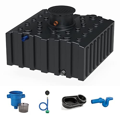 Retentionstank Retentionszisterne flach 5000 Liter Komfort mit Retentionsfilter, Schwimmdrossel 1 Zoll, Überlaufsiphon mit Skimmer und beruhigtem Zulauf für die Retention von Regenwasser