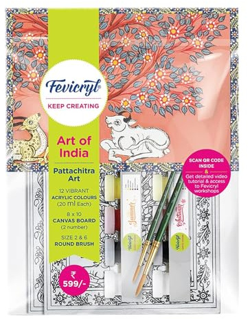 Fevicryl Pattachitra Art of India Kit de peinture acrylique avec 12 nuances de 20 ml chacune, lot de pinceaux ronds (2U), tableau de toile préconçu 20 x 25,4 cm au-dessus de 10 ans