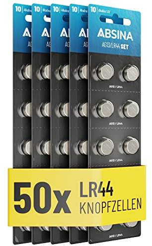 ABSINA 50x Pile LR44 AG13 - Batterie LR44 da 1,5 V a prova di perdite e longevoli - LR1154 / L1154 / L1154F / G13 / G13A / 13GA / 157 / V13GA / PX76A / RW82 - LR44 batteria a bottone, batteria LR44