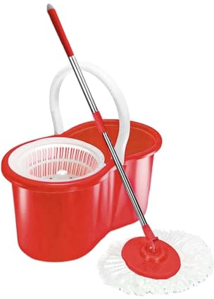 Spin Mop Bucket Set with Spin 360 Wringer and 1 Microfibre Mop Pad Head Telescopic Easy Press Handle with Spin Dry Cleaning Caddy Set-Microfibre Home Cleaning Clean Floor (Red)